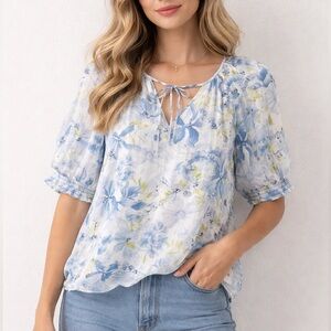 Joie Blue Floral Peasant Blouse Short Sleeve Tie Neck Boho Lightweight Top M